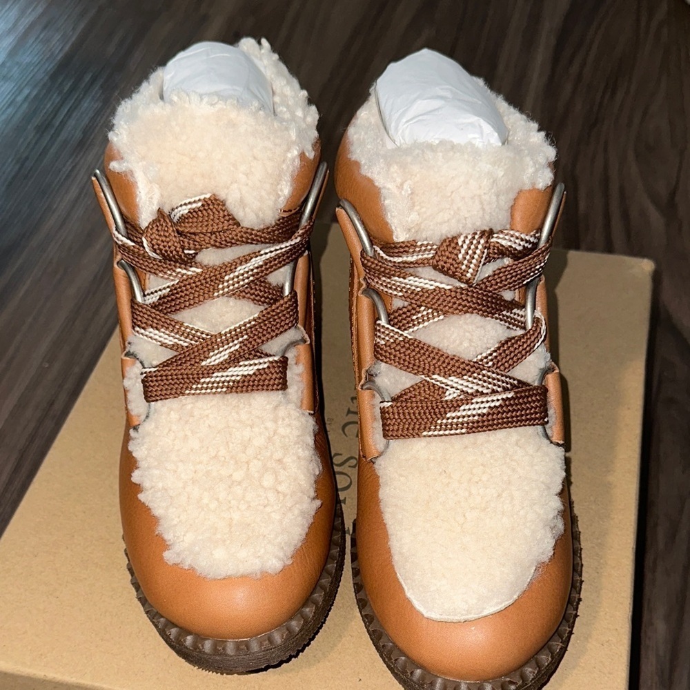 Gentle Souls Faux Shearling Lace-Up Ankle | Tan & Cream | Size 7 | New With Box - Picture 2 of 5